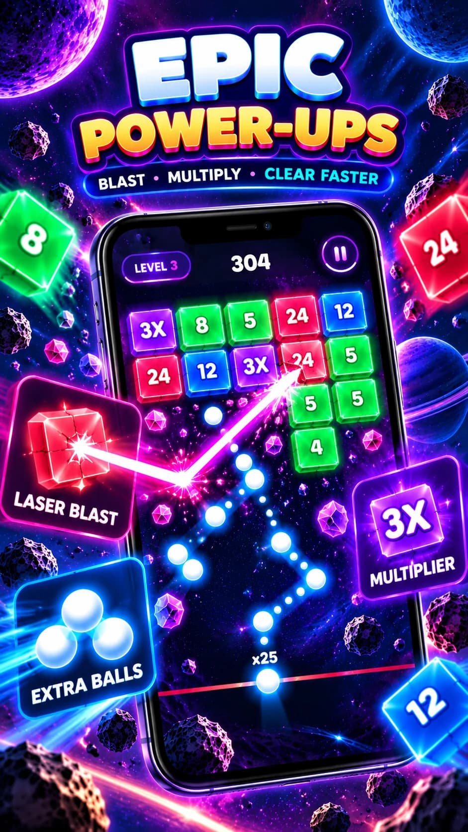 Pop Shot Bricks promotional art illustrating laser, extra balls and multiplier power ups