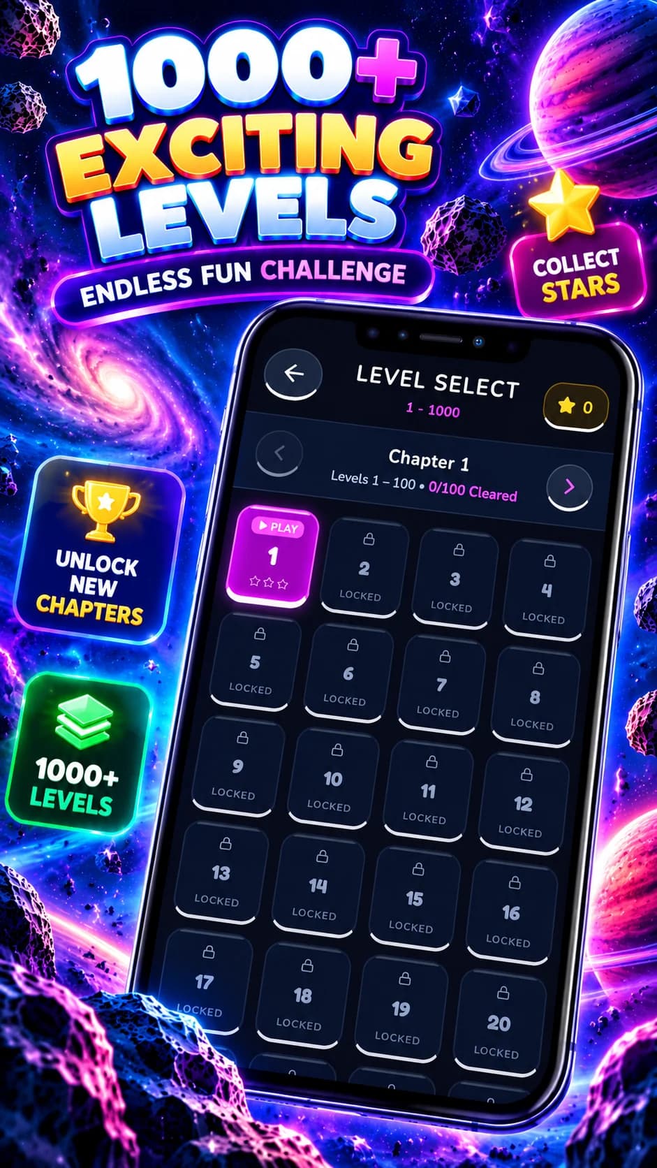 Pop Shot Bricks illustrated chapter level select screen showing hundreds of locked levels