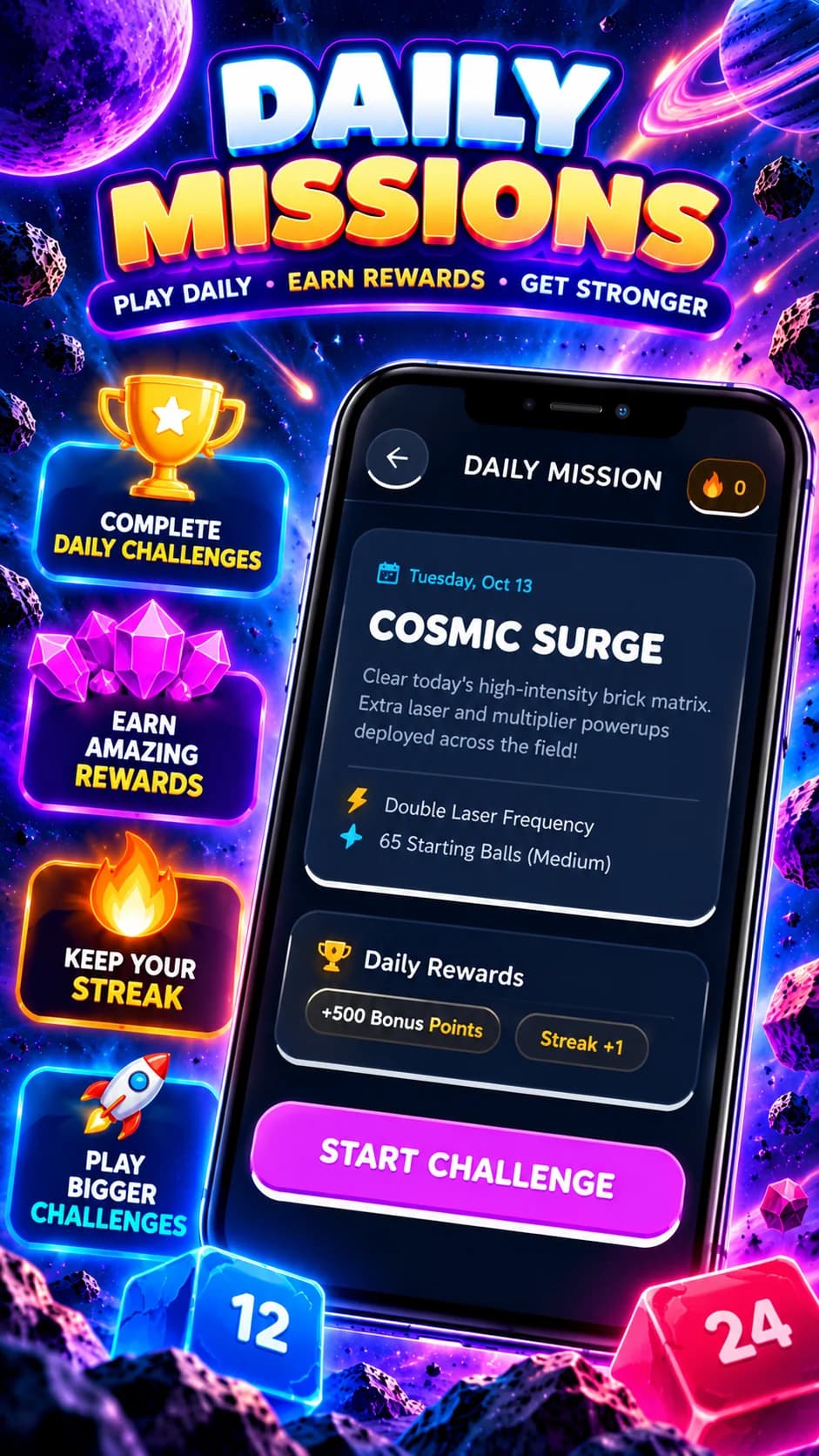 Pop Shot Bricks daily mission promotional artwork with challenge and streak rewards