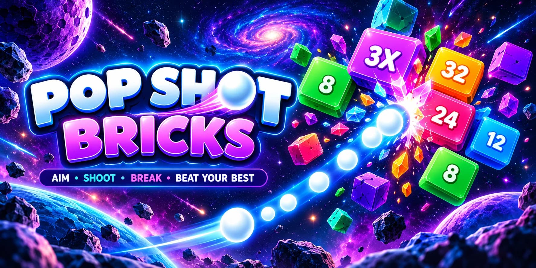 Pop Shot Bricks feature artwork with flying balls striking colorful numbered neon blocks against a cosmic galaxy